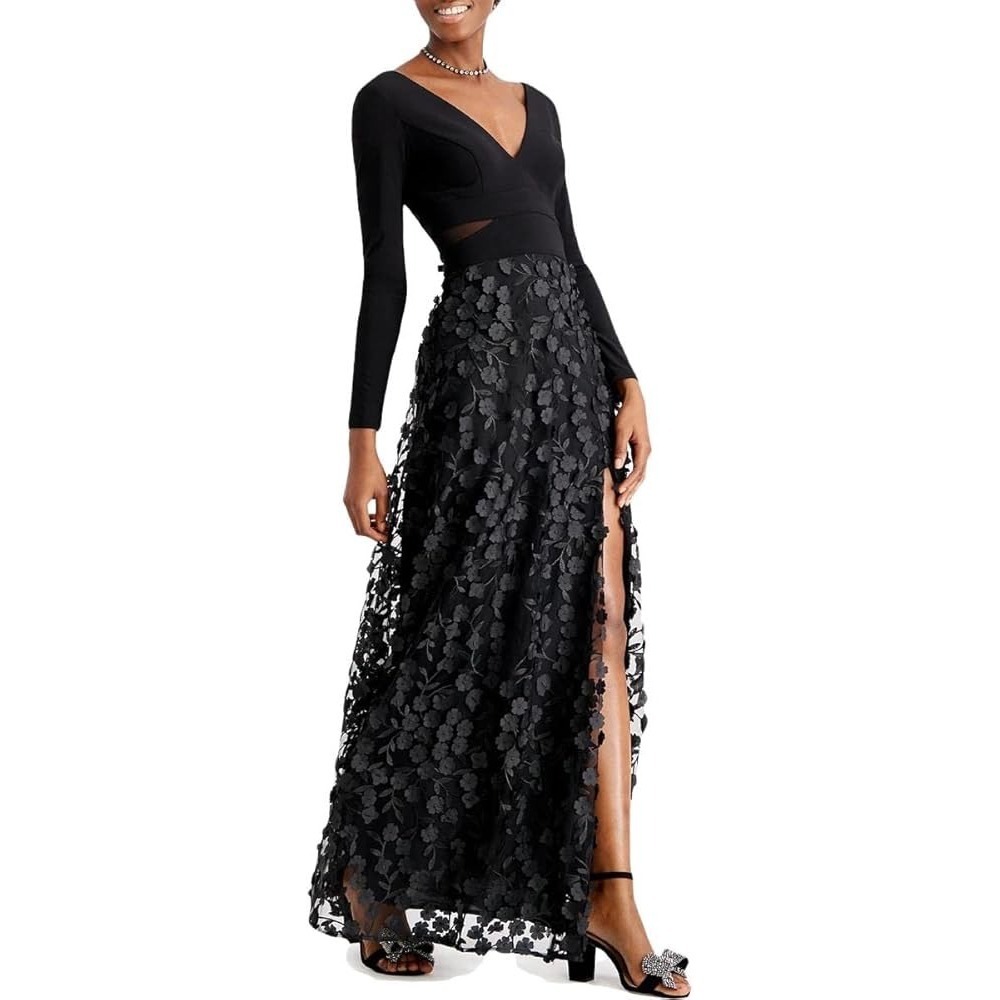 Xscape Long Sleeve V-Neck 3D Embellished Floral Gown Black Formal Event 22W - Picture 2 of 16